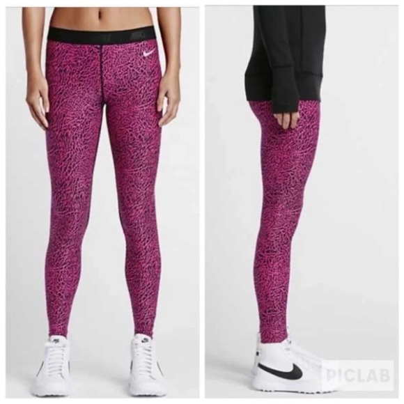 Nike Leggings Women's Medium Golf Pink Black Reef Print Logo Waist Athleisure - Picture 1 of 9
